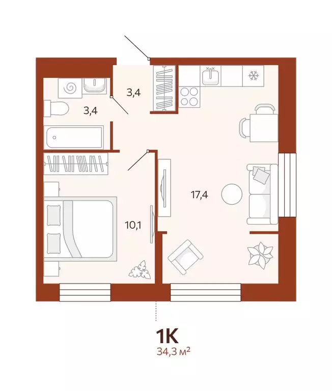 1-комнатная квартира: Тюмень, улица Новаторов, 28 (34.3 м) - Фото 0