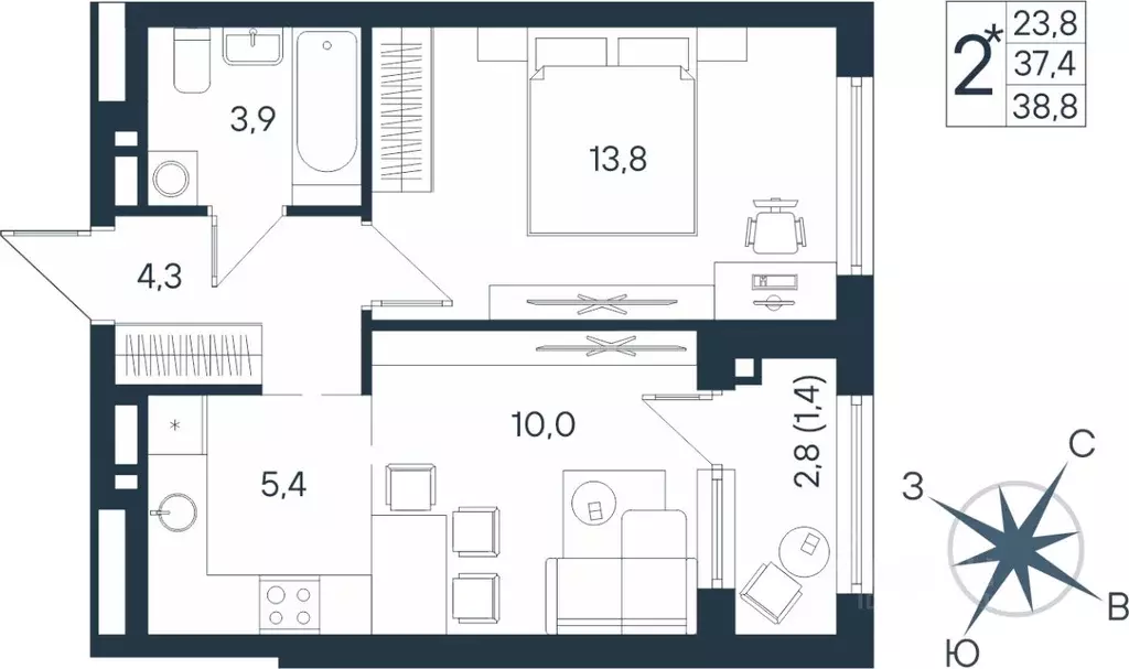 Студия Пермский край, Пермь ул. Космонавта Беляева, 17 (38.8 м) - Фото 1