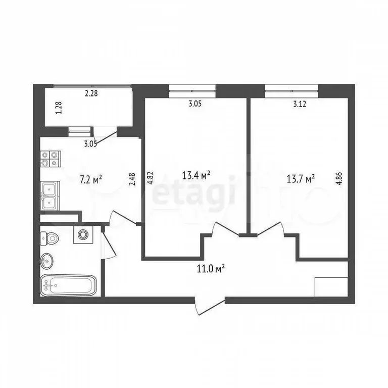 2-к. квартира, 49,1 м, 2/9 эт. - Фото 0