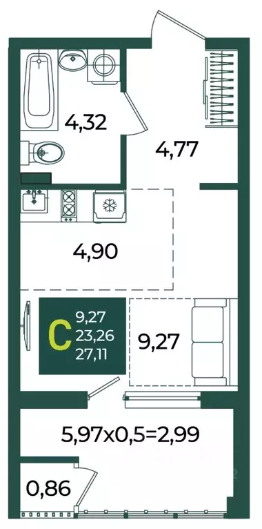 Студия Краснодарский край, Краснодар Образцово мкр,  (27.11 м) - Фото 1