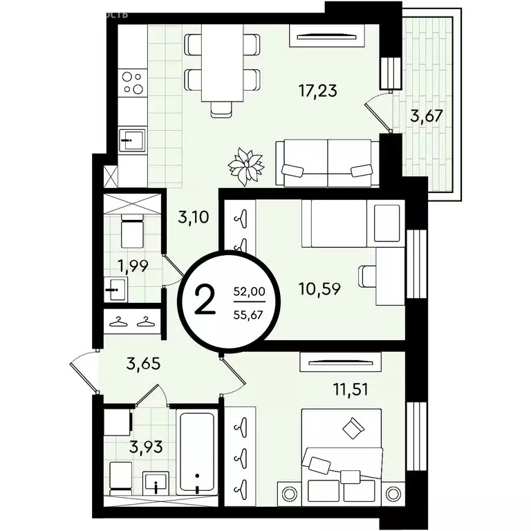 2-комнатная квартира: Тюмень, улица Александра Звягина, 3 (55.67 м) - Фото 0