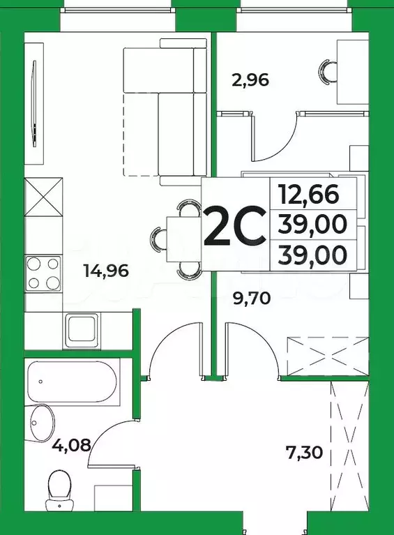 1-к. квартира, 39 м, 7/9 эт. - Фото 0