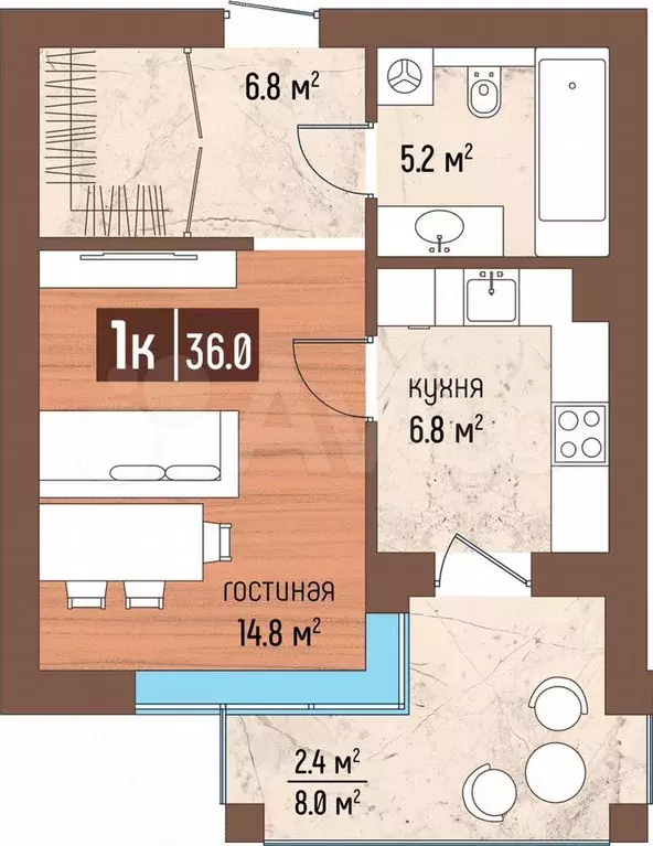 1-к. квартира, 36 м, 2/5 эт. - Фото 0