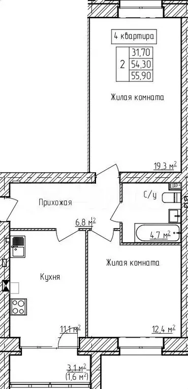 2-к. квартира, 55,9 м, 1/3 эт. - Фото 0