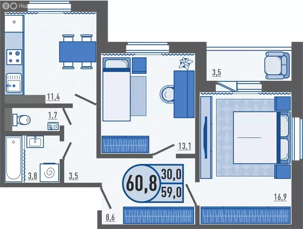 2-комнатная квартира: Орёл, Черепичная улица, 22к2 (60.8 м) - Фото 0