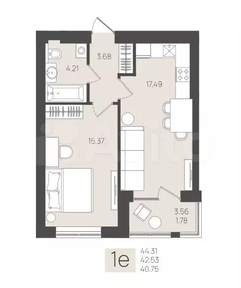 1-к. квартира, 42,5 м, 4/5 эт. - Фото 1