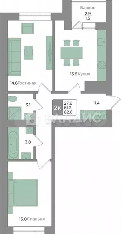 2-к. квартира, 62,6 м, 3/9 эт. - Фото 0