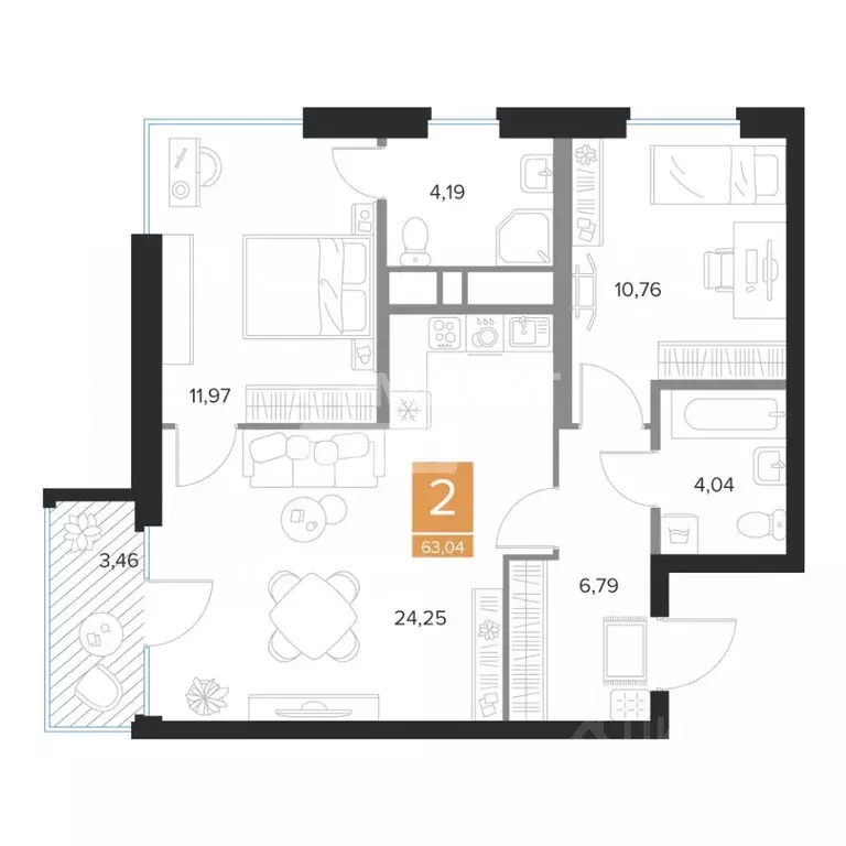 2-к кв. Курская область, Курск просп. Вячеслава Клыкова, 39Б (63.04 м) - Фото 2