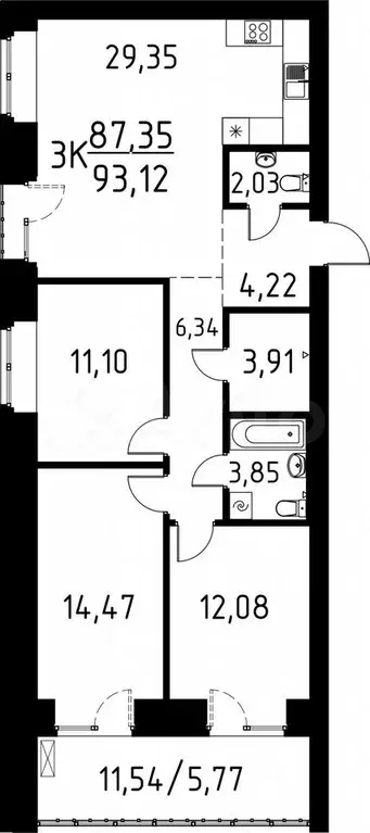 3-к. квартира, 93,1 м, 9/13 эт. - Фото 0