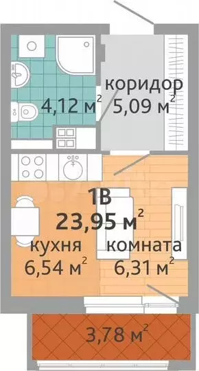 Квартира-студия, 24м, 2/9эт. - Фото 1