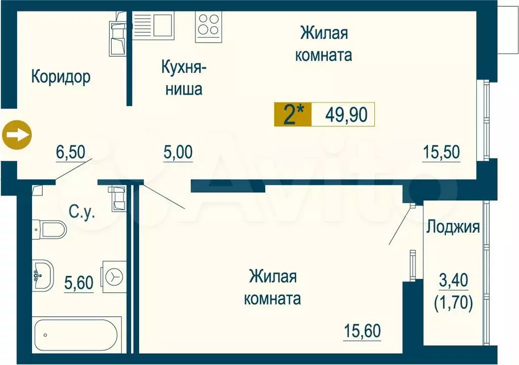 1-к. квартира, 49,9 м, 5/25 эт. - Фото 0