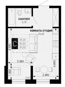 1-к. квартира, 31 м, 7/16 эт. - Фото 1
