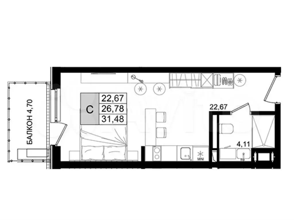 Апартаменты-студия, 31,5 м, 2/8 эт. - Фото 1
