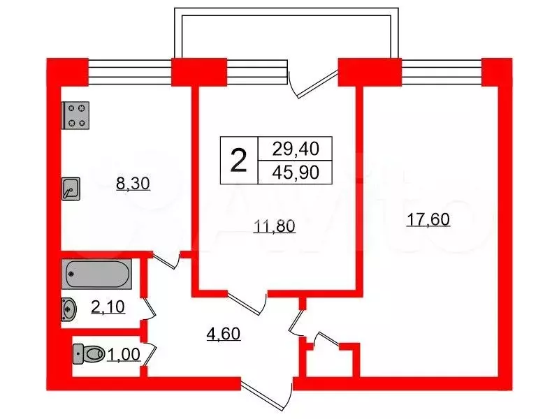 2-к. квартира, 45,9 м, 5/9 эт. - Фото 0