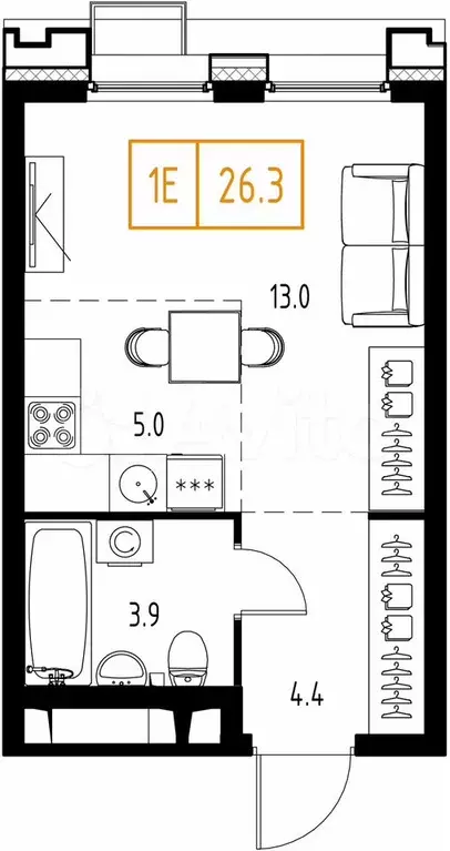 Квартира-студия, 26,3 м, 3/9 эт. - Фото 0