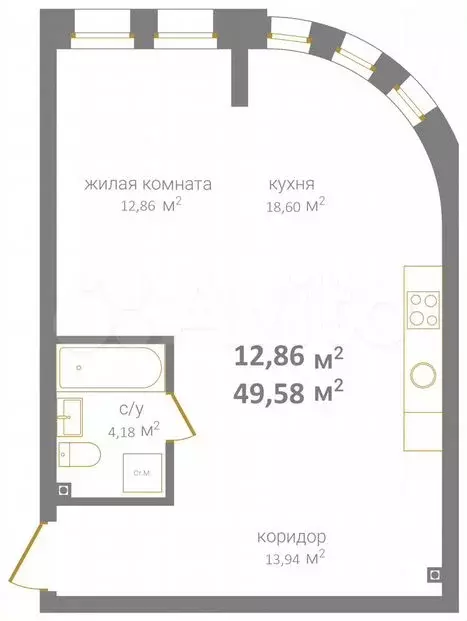 1-к. квартира, 49,6м, 2/14эт. - Фото 1