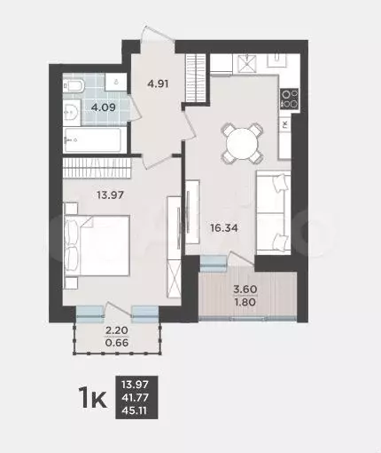 1-к. квартира, 41,7 м, 9/9 эт. - Фото 1