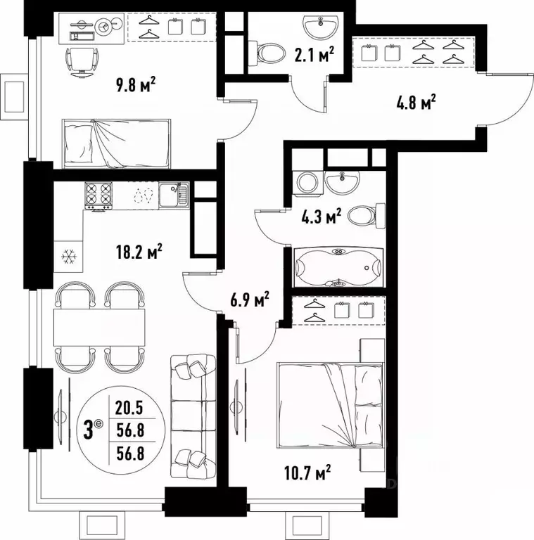 3-к кв. Астраханская область, Астрахань ул. Бэра, 29 (56.8 м) - Фото 2