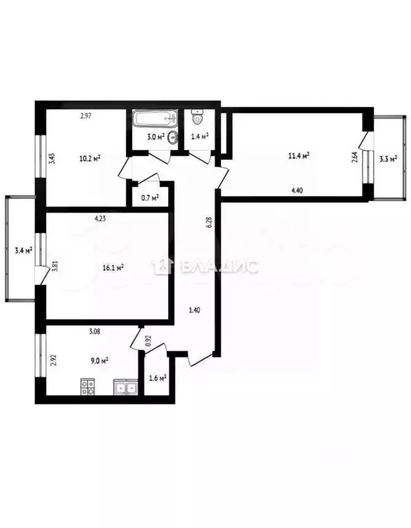 3-к кв. Ростовская область, Ростов-на-Дону ул. Тимошенко, 26/1 (64.1 ... - Фото 2