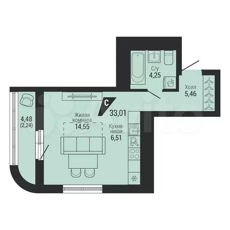 Квартира-студия, 33 м, 7/26 эт. - Фото 1