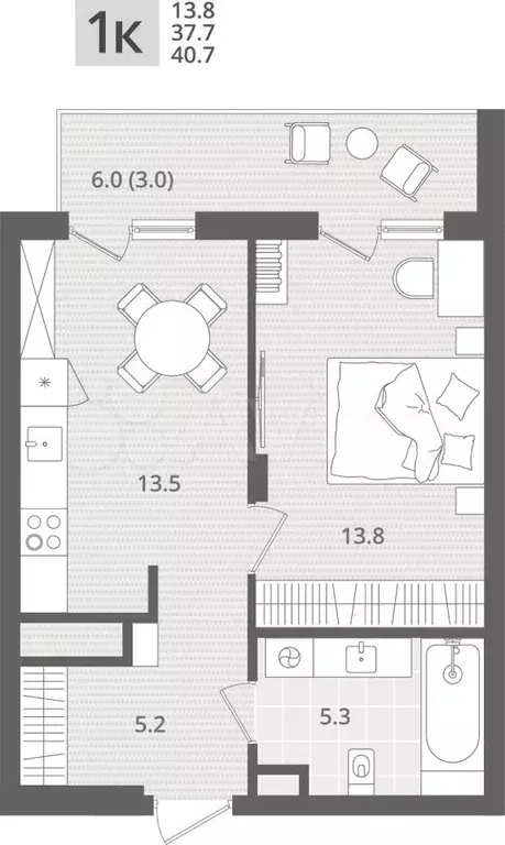 1-к. квартира, 40,7м, 6/7эт. - Фото 1