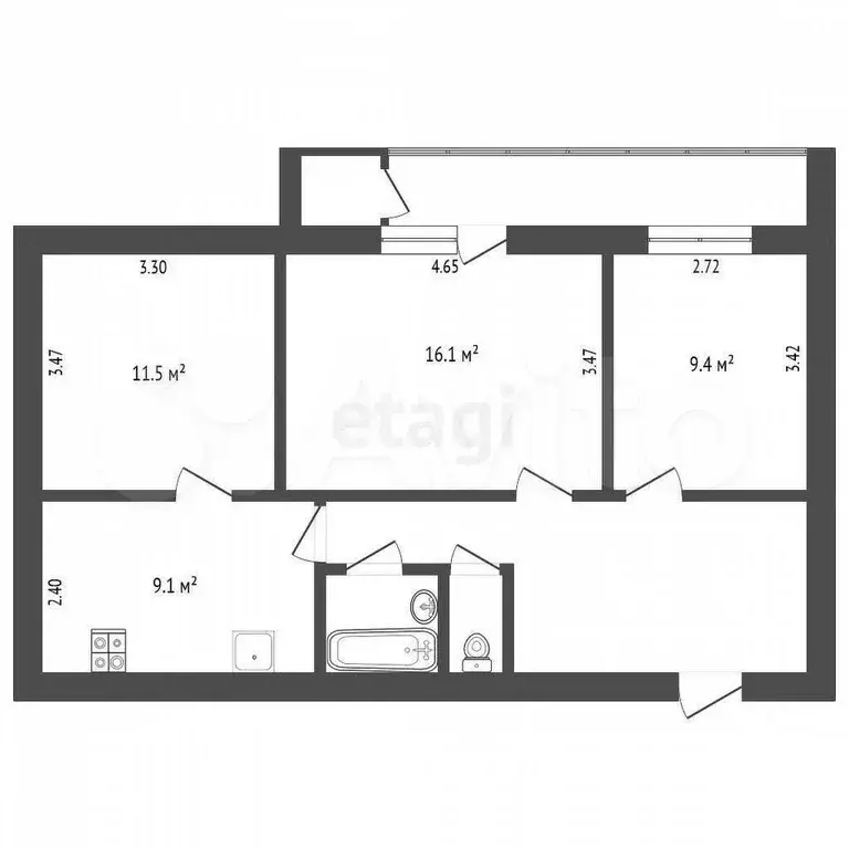 3-к. квартира, 62,4 м, 1/12 эт. - Фото 0