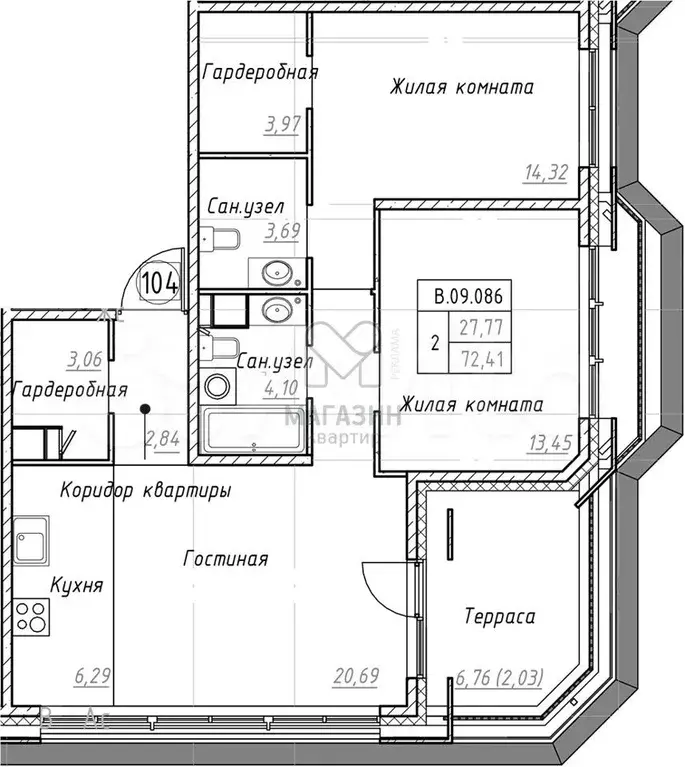 2-к. квартира, 74,4 м, 9/9 эт. - Фото 0