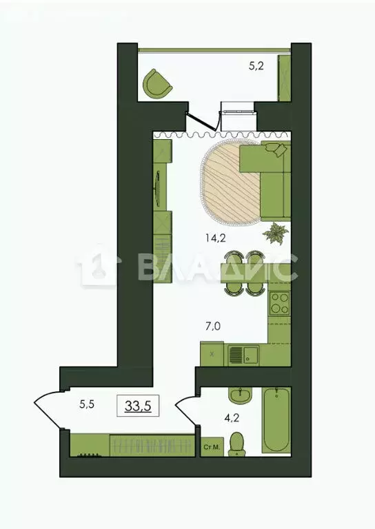 Квартира-студия: Благовещенск, Северная улица, 89 (33.5 м) - Фото 2