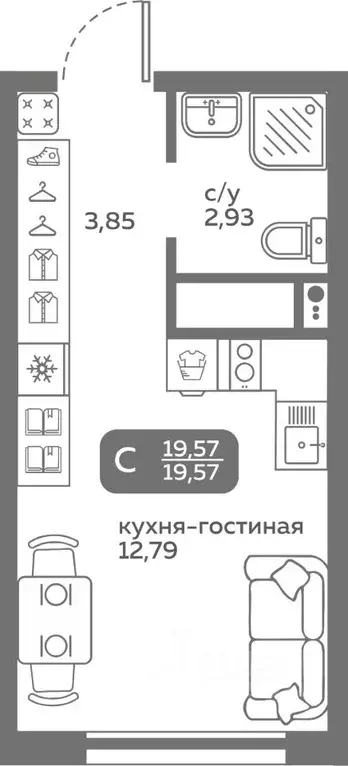 Студия Тюменская область, Тюмень ул. Вадима Бованенко, 10 (19.57 м) - Фото 0