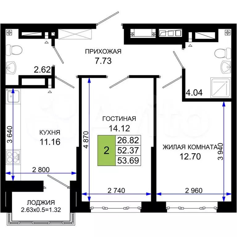 2-к. квартира, 53 м, 5/25 эт. - Фото 0