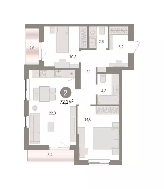 2-комнатная квартира: Пермь, микрорайон Крохалева (72.13 м) - Фото 2