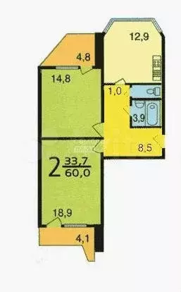 2-к. квартира, 60 м, 6/14 эт. - Фото 0