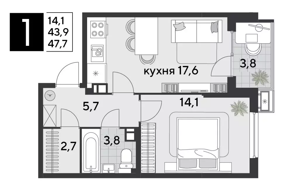 1-комнатная квартира: Краснодар, микрорайон Парк Победы (47.7 м) - Фото 1