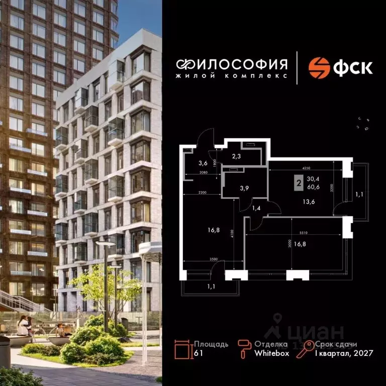 2-к кв. Приморский край, Владивосток Философия жилой комплекс (61.0 м) - Фото 1