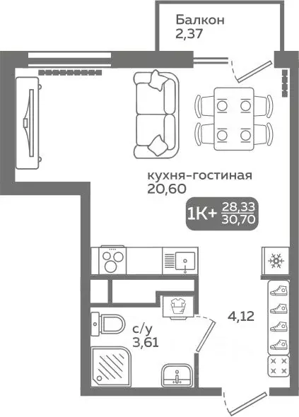 Студия Тюменская область, Тюмень ул. Заполярная, 9/2 (28.33 м) - Фото 0