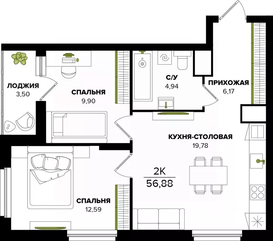 2-к кв. Тульская область, Тула ул. Академика Насоновой (56.88 м) - Фото 1