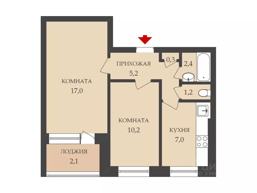 2-к кв. Мурманская область, Мурманск Кольский просп., 80 (45.4 м) - Фото 2