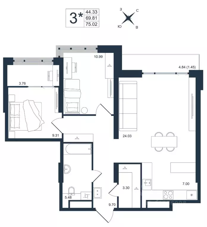 3-к кв. Приморский край, Владивосток Архитектор жилой комплекс (75.02 ... - Фото 1