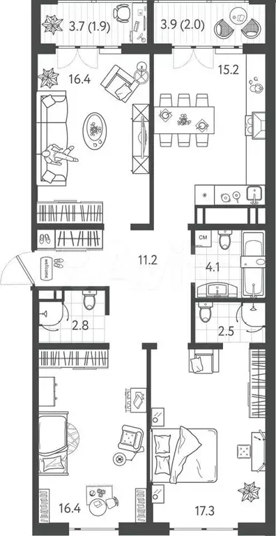 3-к. квартира, 89,8 м, 20/24 эт. - Фото 0