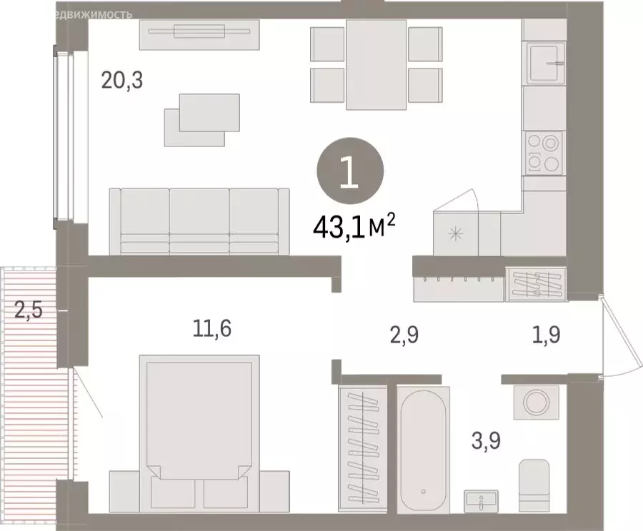 1-комнатная квартира: Новосибирск, улица Аэропорт (43.11 м) - Фото 1