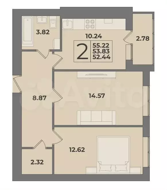 2-к. квартира, 53,8 м, 5/9 эт. - Фото 1