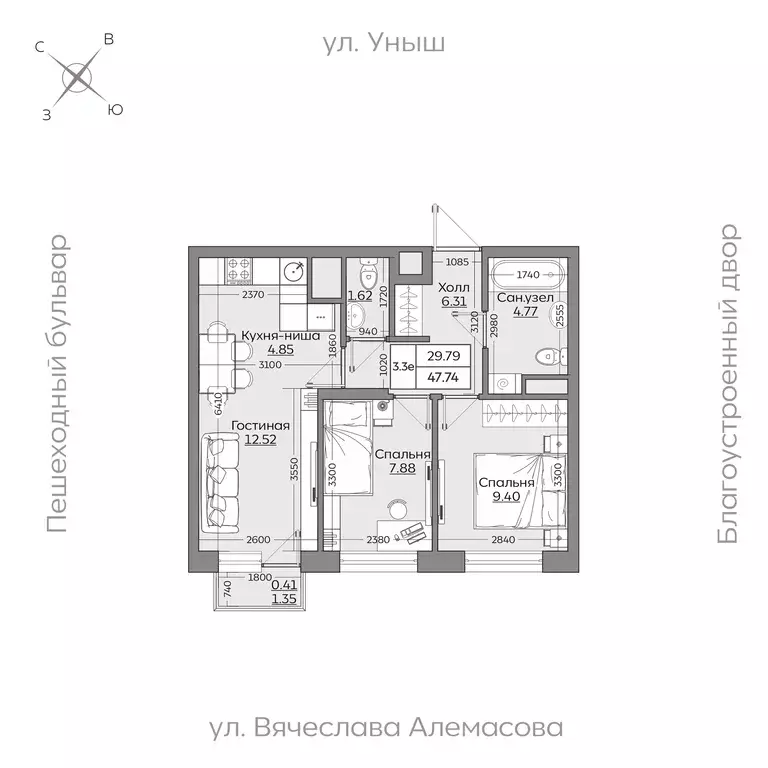 3-к квартира, 47.76 м - Фото 0