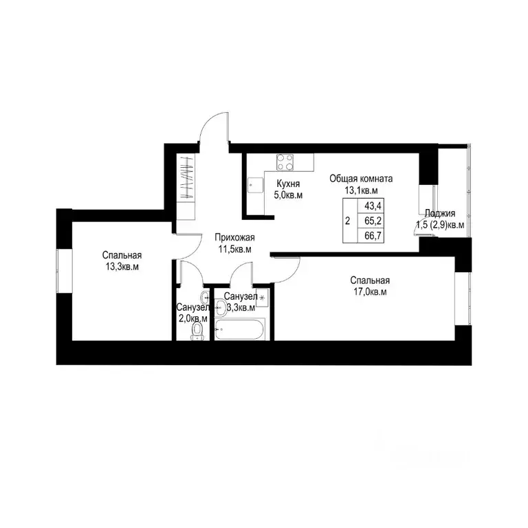 2-к кв. Татарстан, Альметьевск  (66.7 м) - Фото 1