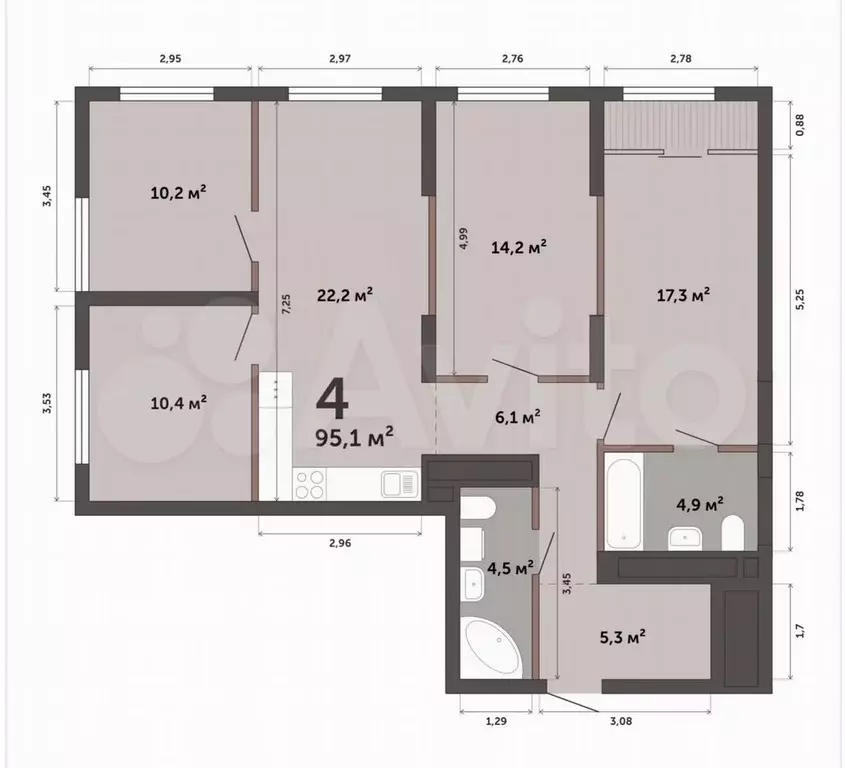 4-к. квартира, 95,1 м, 6/23 эт. - Фото 0