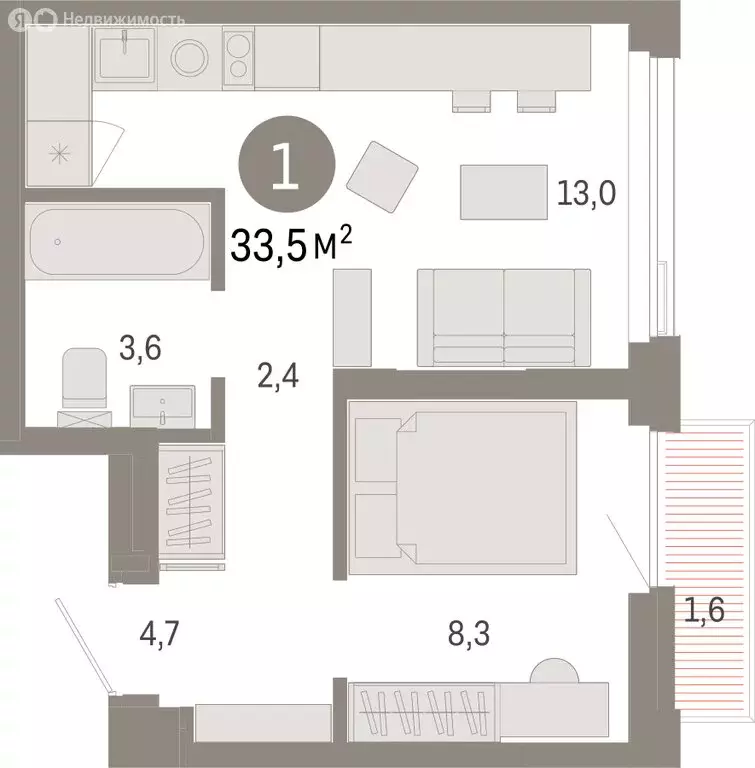 1-комнатная квартира: Тюмень, улица Павла Фитина, 7 (33.53 м) - Фото 2