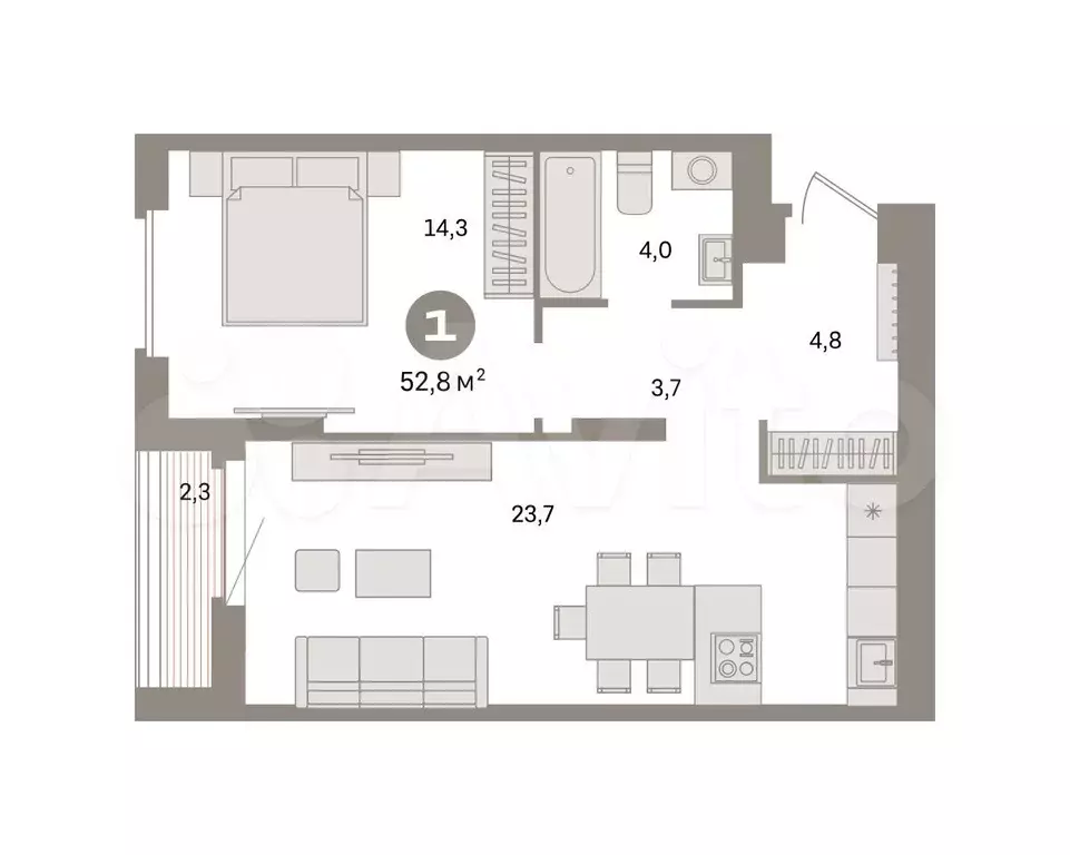 1-к. квартира, 52,8 м, 4/9 эт. - Фото 0