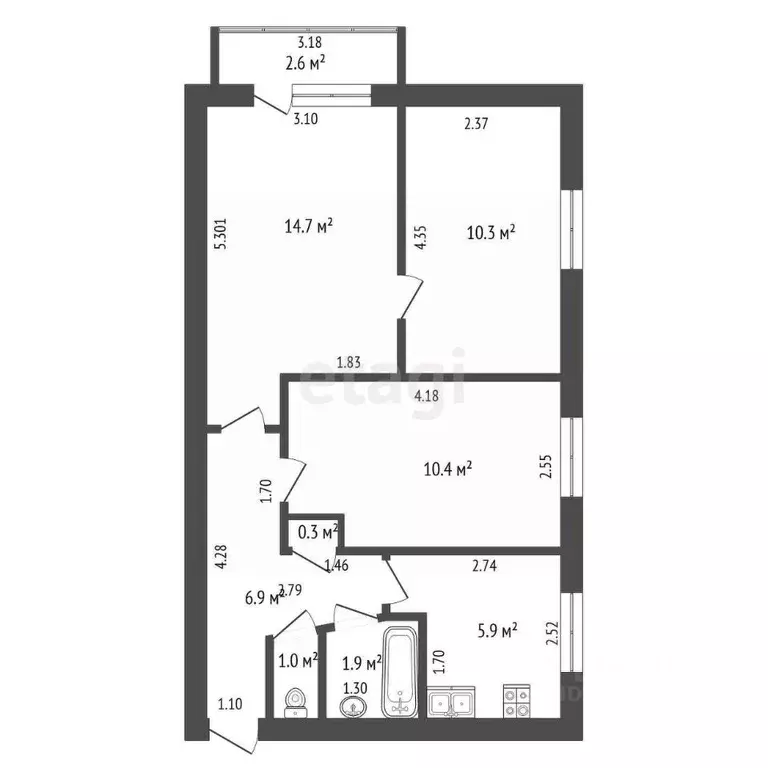 3-к кв. Башкортостан, Стерлитамак ул. Дружбы, 17А (51.4 м) - Фото 1