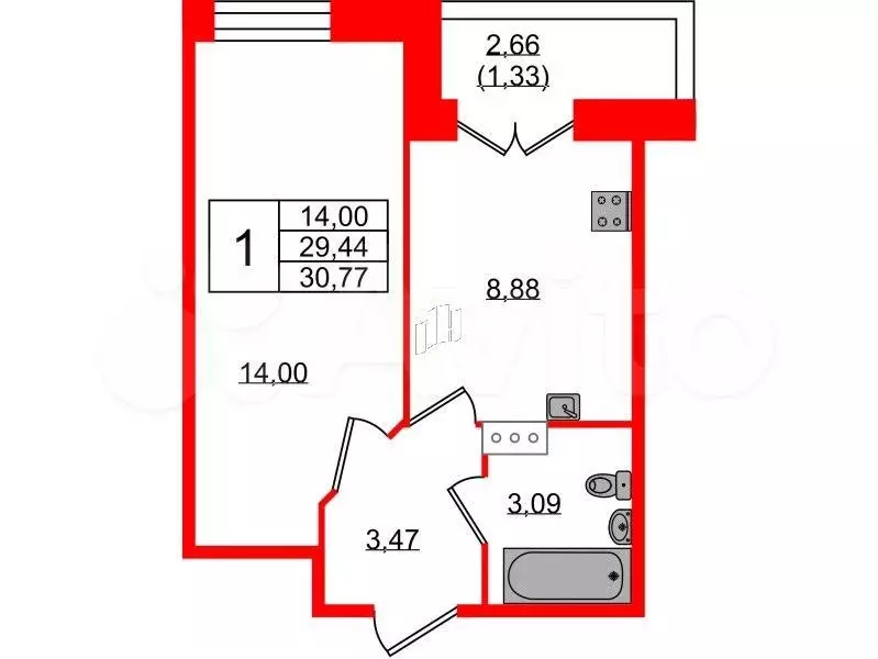 1-к. квартира, 30,8 м, 4/8 эт. - Фото 0