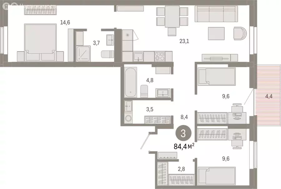 3-комнатная квартира: Омск, Кировский округ (84.38 м) - Фото 1