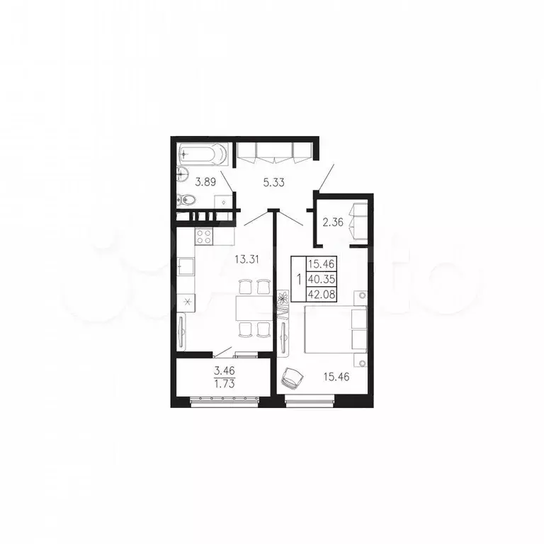 1-к. квартира, 42,1 м, 2/9 эт. - Фото 0